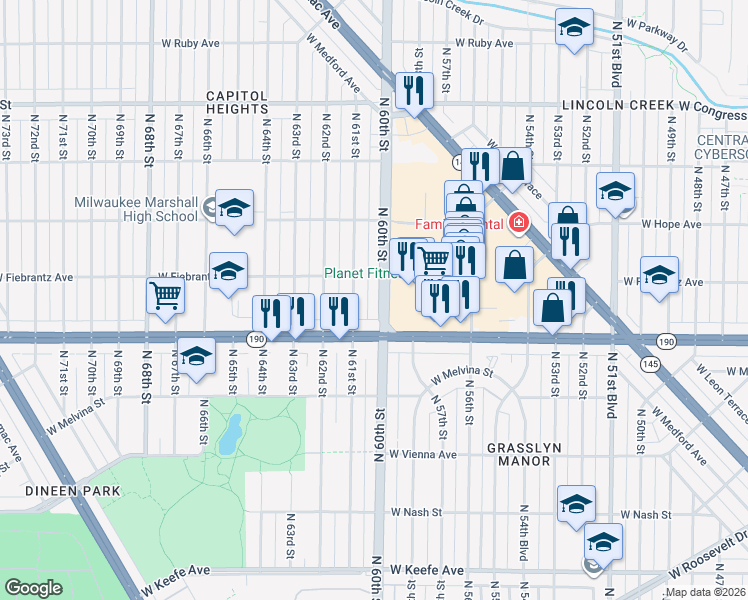 map of restaurants, bars, coffee shops, grocery stores, and more near 4001 North 60th Street in Milwaukee