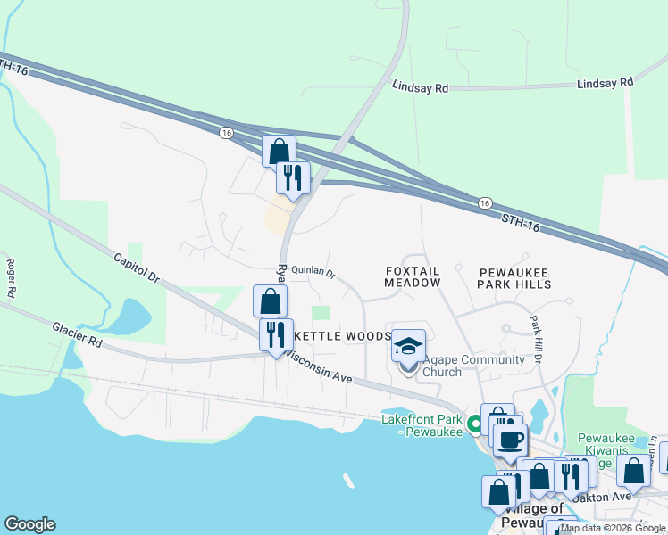 map of restaurants, bars, coffee shops, grocery stores, and more near 535 Quinlan Drive in Pewaukee