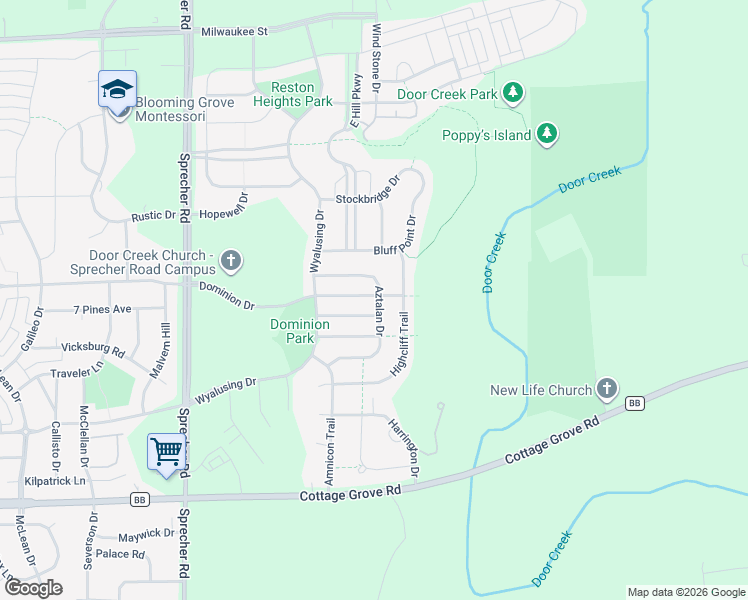 map of restaurants, bars, coffee shops, grocery stores, and more near 6929 Buckhorn Drive in Madison