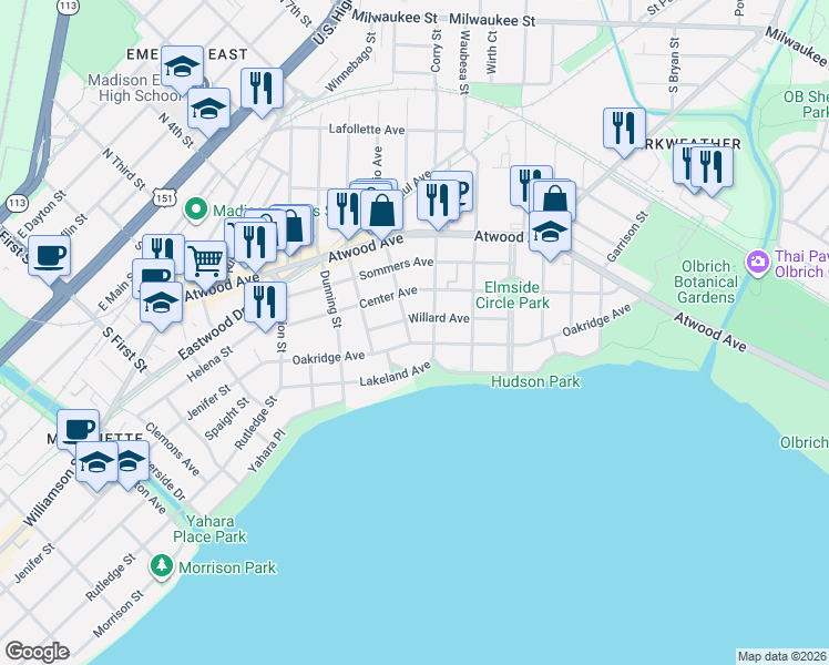 map of restaurants, bars, coffee shops, grocery stores, and more near 2329 Oakridge Avenue in Madison
