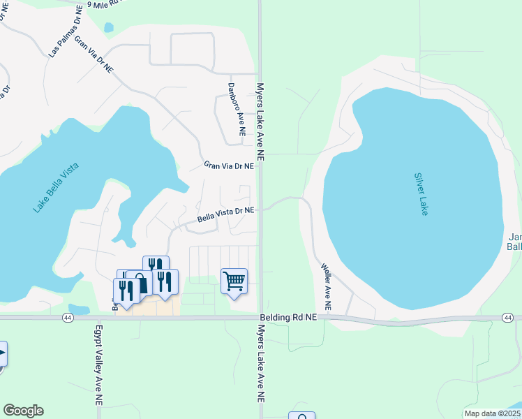 map of restaurants, bars, coffee shops, grocery stores, and more near 6957 Myers Lake Avenue Northeast in Rockford