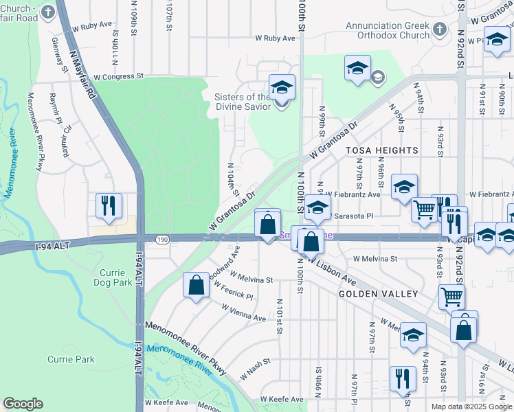 map of restaurants, bars, coffee shops, grocery stores, and more near 10310 W Grantosa Dr in Milwaukee