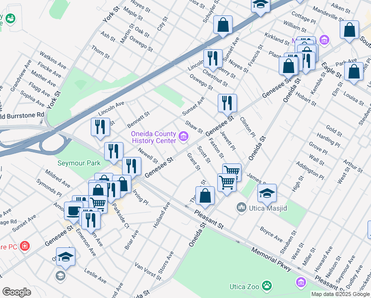 map of restaurants, bars, coffee shops, grocery stores, and more near Genesee Street & Grant Street in Utica