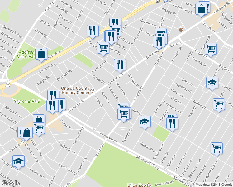 map of restaurants, bars, coffee shops, grocery stores, and more near 13 Faxton Street in Utica