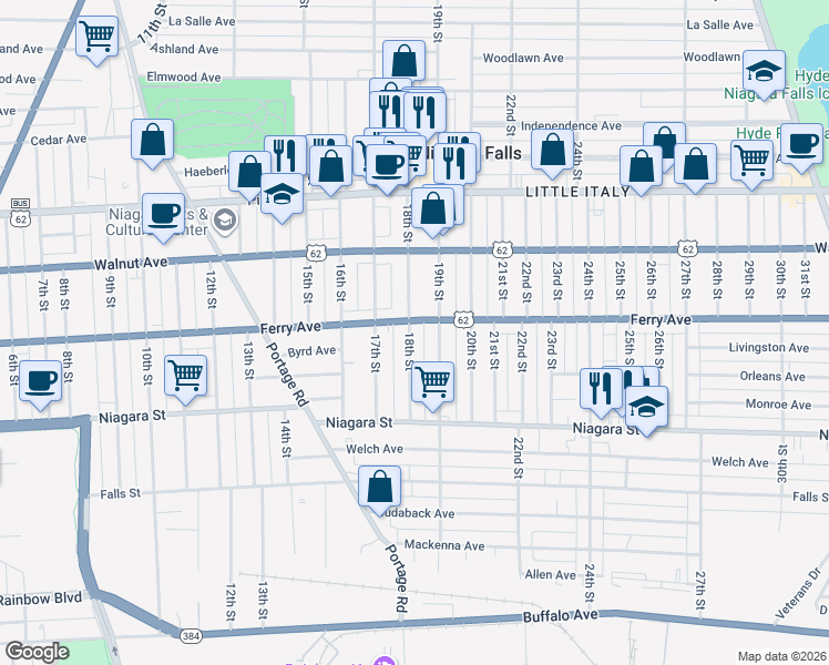 map of restaurants, bars, coffee shops, grocery stores, and more near 493 18th Street in Niagara Falls