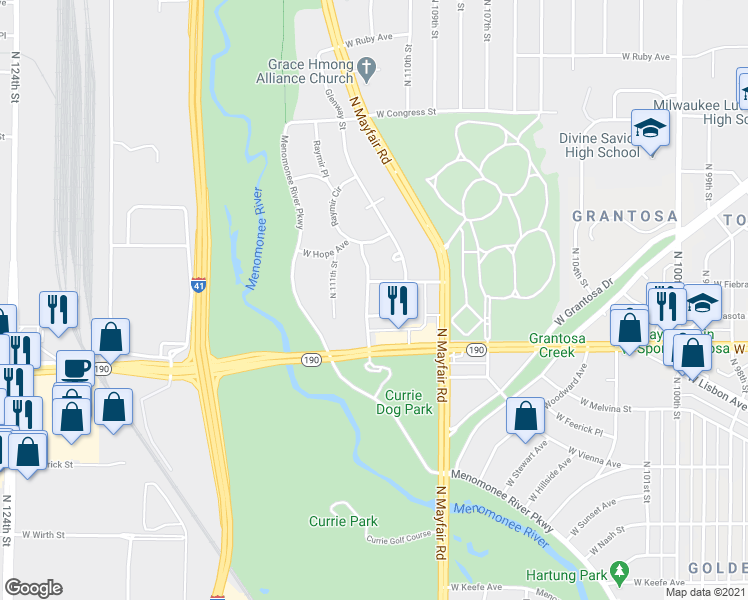 map of restaurants, bars, coffee shops, grocery stores, and more near 4070 North 110th Street in Wauwatosa