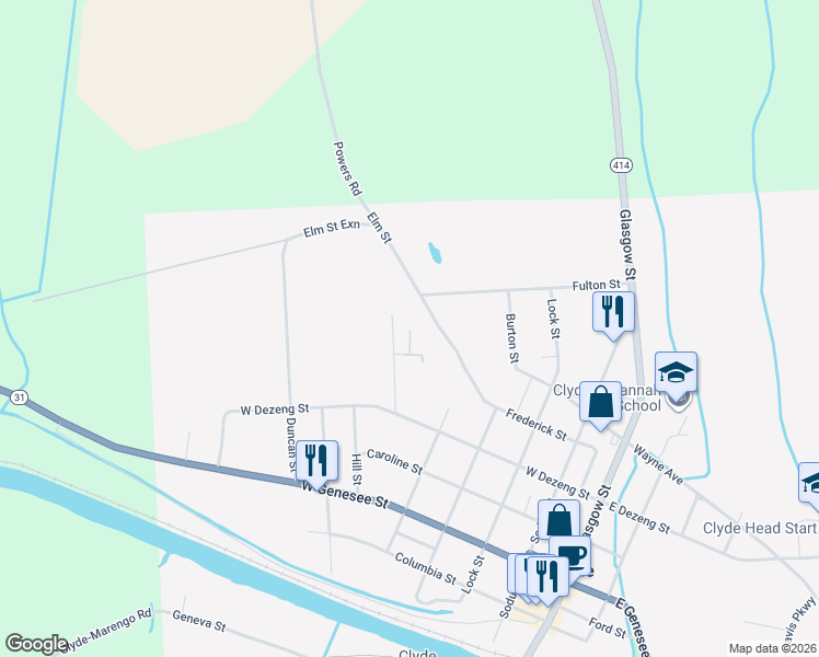 map of restaurants, bars, coffee shops, grocery stores, and more near 47 John Street in Clyde