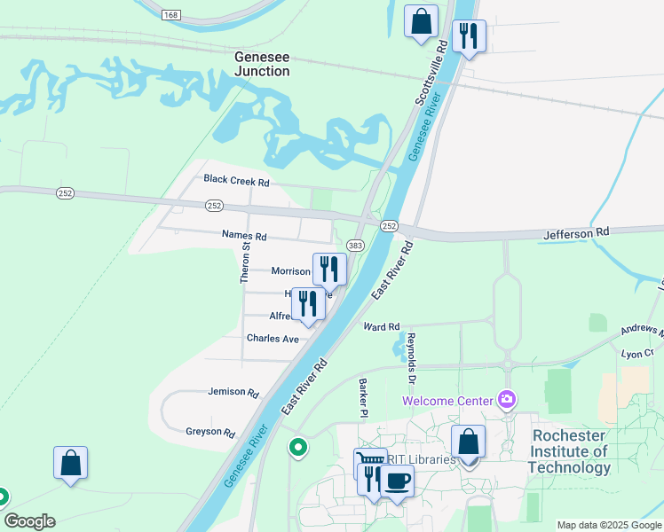 map of restaurants, bars, coffee shops, grocery stores, and more near 6 Morrison Avenue in Rochester