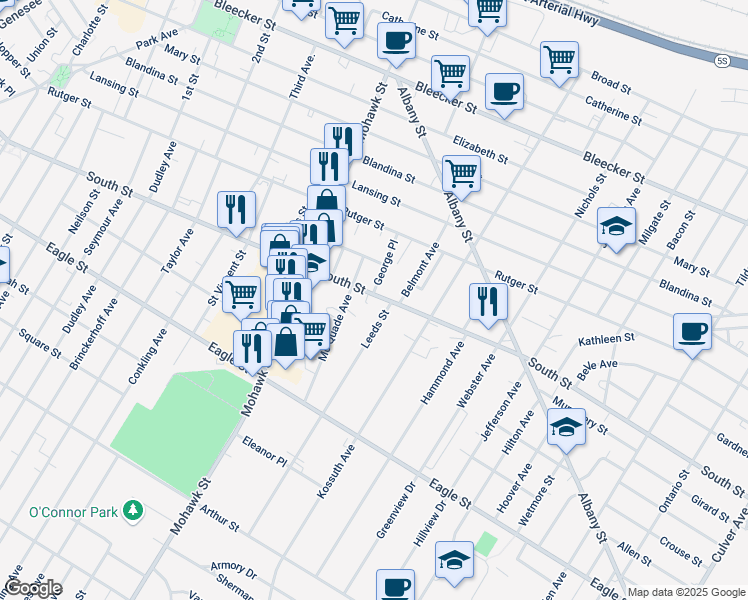 map of restaurants, bars, coffee shops, grocery stores, and more near 1118 Leeds Street in Utica