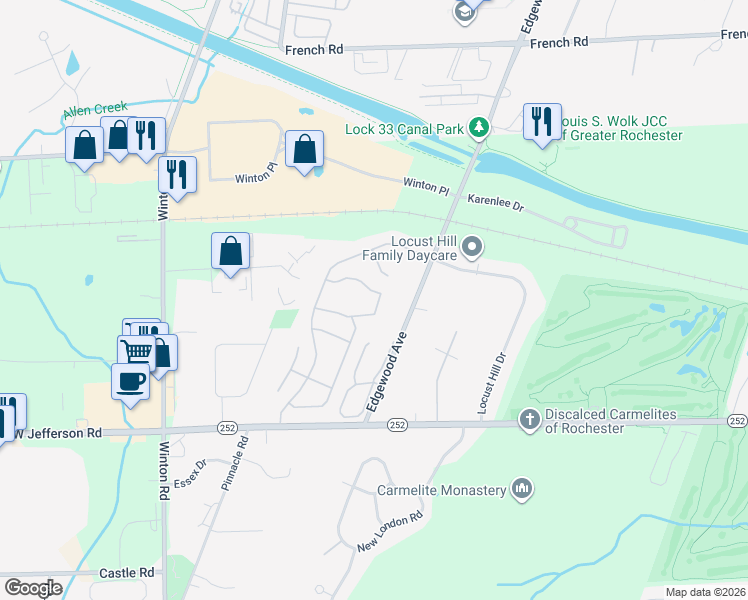 map of restaurants, bars, coffee shops, grocery stores, and more near 648 Surrey Hill Way in Rochester