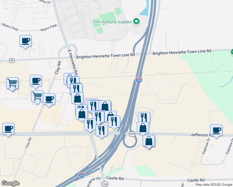 map of restaurants, bars, coffee shops, grocery stores, and more near 125 Jarley Road in Rochester