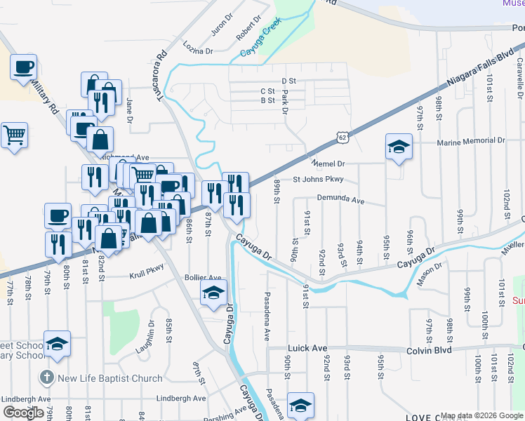 map of restaurants, bars, coffee shops, grocery stores, and more near 1250 89th Street in Niagara Falls