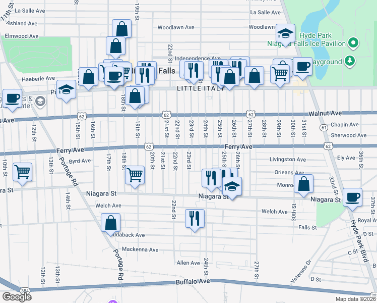 map of restaurants, bars, coffee shops, grocery stores, and more near 470 23rd Street in Niagara Falls