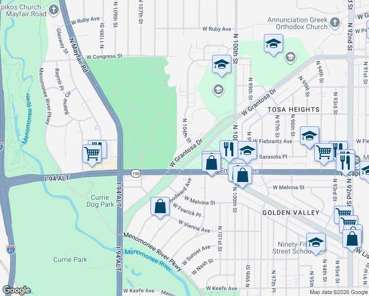 map of restaurants, bars, coffee shops, grocery stores, and more near 10440 West Grantosa Drive in Wauwatosa