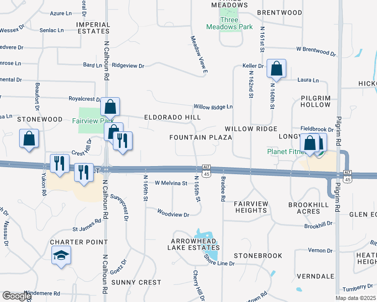 map of restaurants, bars, coffee shops, grocery stores, and more near 16675 Dane Court West in Brookfield