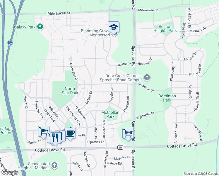 map of restaurants, bars, coffee shops, grocery stores, and more near 2 7 Pines Court in Madison