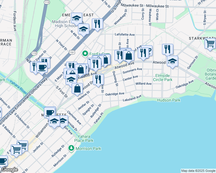 map of restaurants, bars, coffee shops, grocery stores, and more near 2114 Oakridge Avenue in Madison