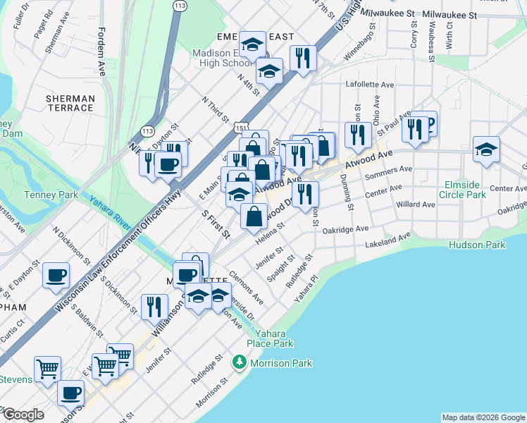 map of restaurants, bars, coffee shops, grocery stores, and more near 2022 Helena Street in Madison