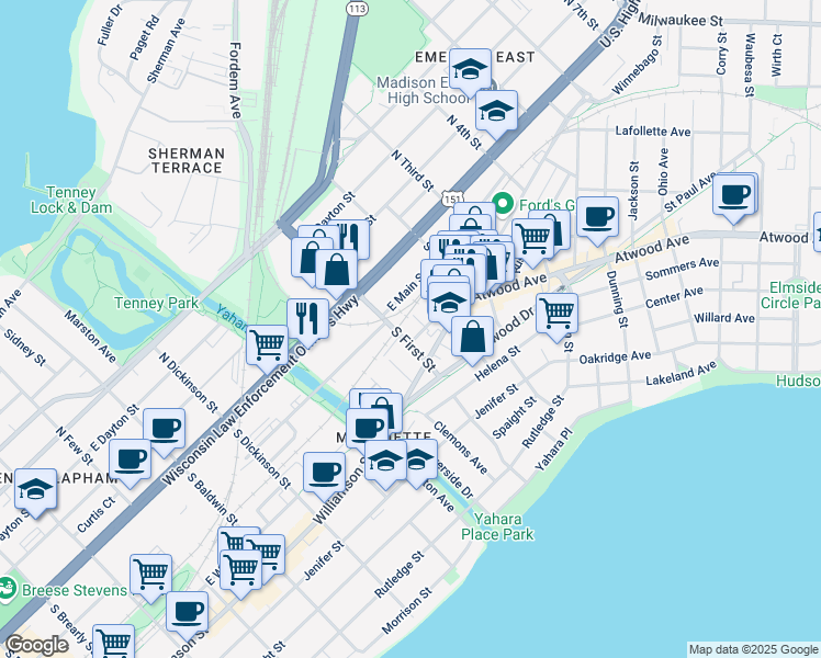 map of restaurants, bars, coffee shops, grocery stores, and more near 1950 Winnebago Street in Madison