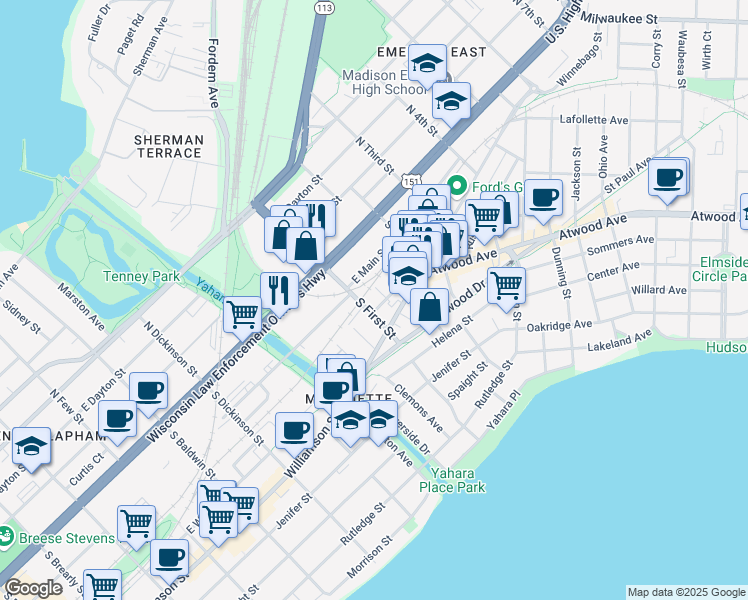 map of restaurants, bars, coffee shops, grocery stores, and more near 1912 Atwood Avenue in Madison