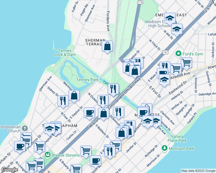 map of restaurants, bars, coffee shops, grocery stores, and more near 101 North Thornton Avenue in Madison