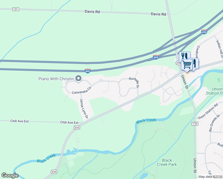 map of restaurants, bars, coffee shops, grocery stores, and more near 1 Ardsley Circle in Churchville