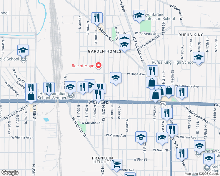 map of restaurants, bars, coffee shops, grocery stores, and more near 4022 North 27th Street in Milwaukee