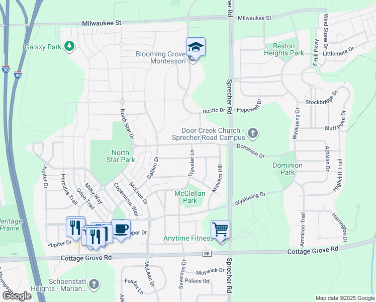 map of restaurants, bars, coffee shops, grocery stores, and more near 2 7 Pines Court in Madison