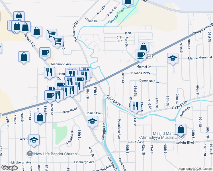 map of restaurants, bars, coffee shops, grocery stores, and more near 8730 Tuscarora Road in Niagara Falls