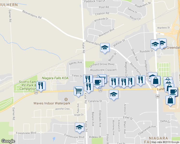 map of restaurants, bars, coffee shops, grocery stores, and more near 8252 Spring Blossom Drive in Niagara Falls
