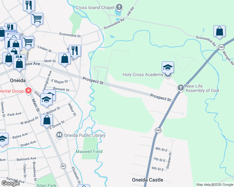 map of restaurants, bars, coffee shops, grocery stores, and more near 3806 Prospect Street in Oneida