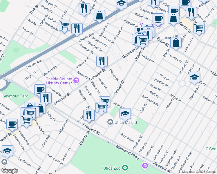 map of restaurants, bars, coffee shops, grocery stores, and more near 23 Jewett Place in Utica