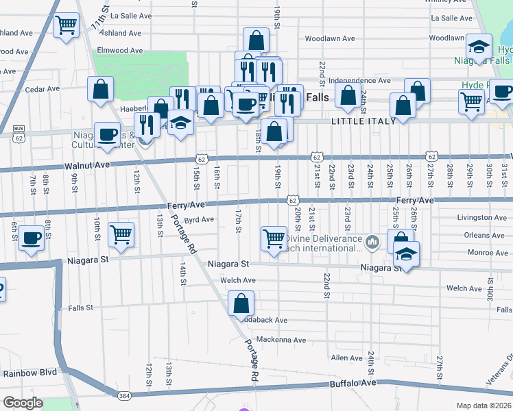 map of restaurants, bars, coffee shops, grocery stores, and more near 521 17th Street in Niagara Falls