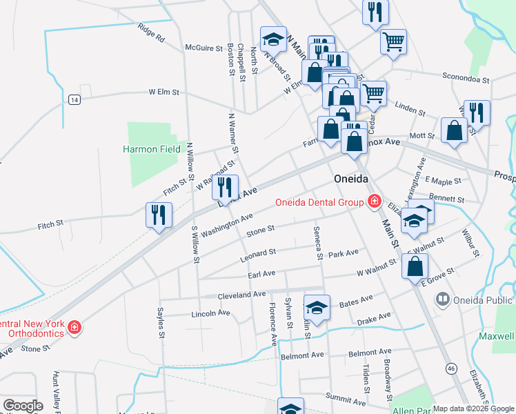 map of restaurants, bars, coffee shops, grocery stores, and more near 358 Washington Avenue in Oneida