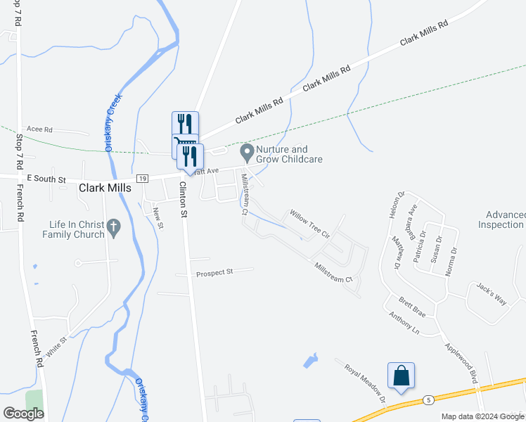 map of restaurants, bars, coffee shops, grocery stores, and more near Bramblewood Road in Clark Mills