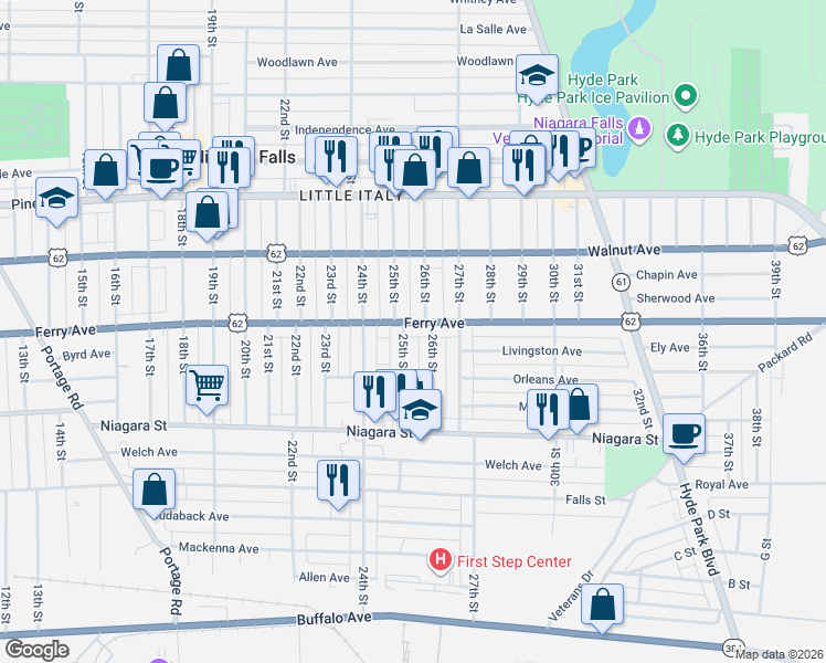 map of restaurants, bars, coffee shops, grocery stores, and more near 515 26th Street in Niagara Falls