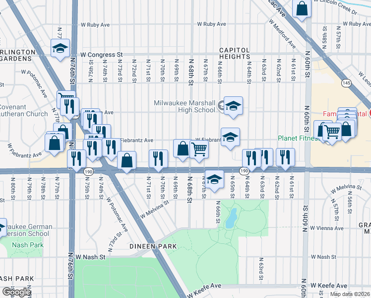 map of restaurants, bars, coffee shops, grocery stores, and more near 4101 North 68th Street in Milwaukee