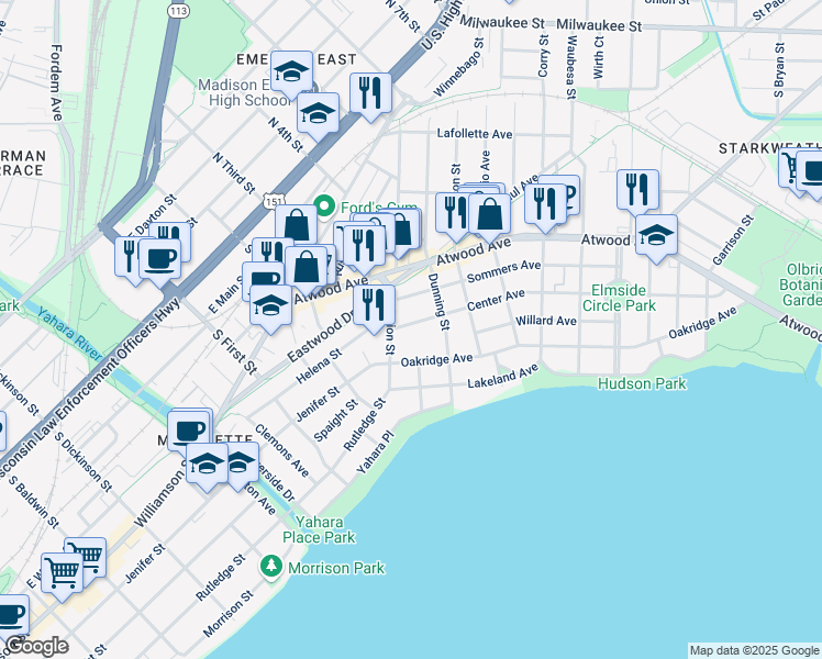 map of restaurants, bars, coffee shops, grocery stores, and more near 2117 Center Avenue in Madison