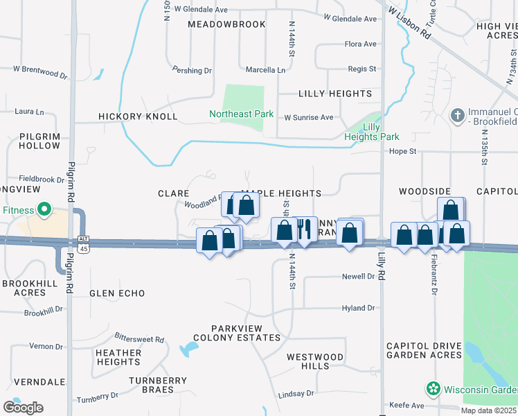 map of restaurants, bars, coffee shops, grocery stores, and more near 14560 Woodland Place in Brookfield