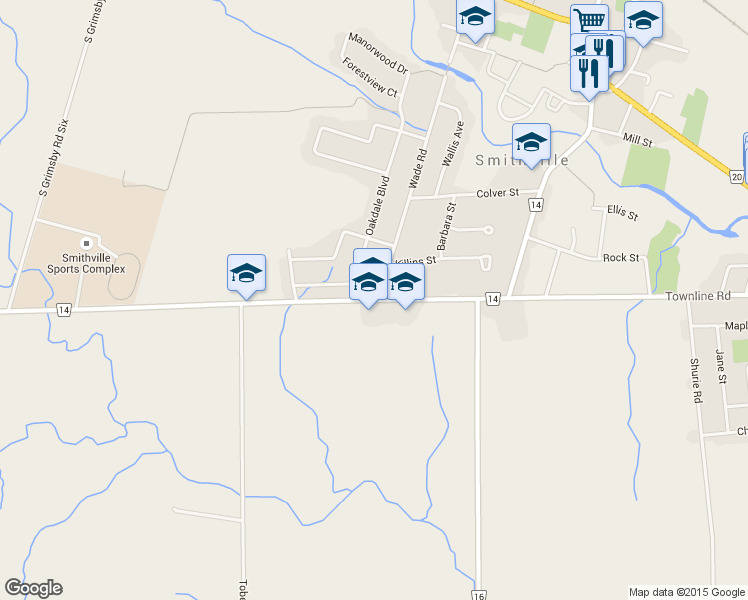 map of restaurants, bars, coffee shops, grocery stores, and more near 6485 Niagara Regional Road 14 in Smithville