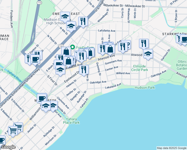 map of restaurants, bars, coffee shops, grocery stores, and more near 2121 Center Avenue in Madison