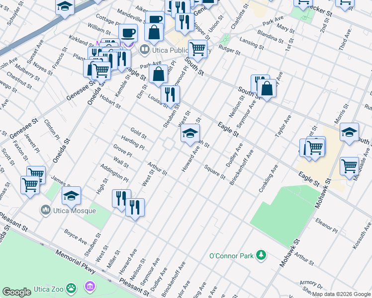 map of restaurants, bars, coffee shops, grocery stores, and more near 211 Square Street in Utica
