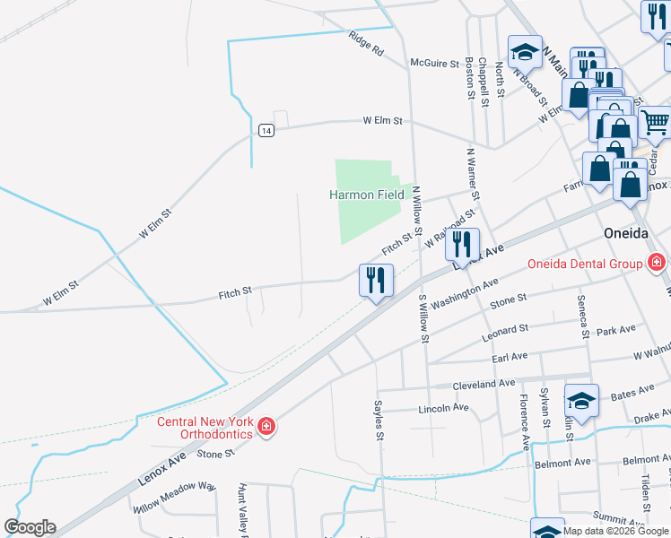map of restaurants, bars, coffee shops, grocery stores, and more near 542 Fitch Street in Oneida