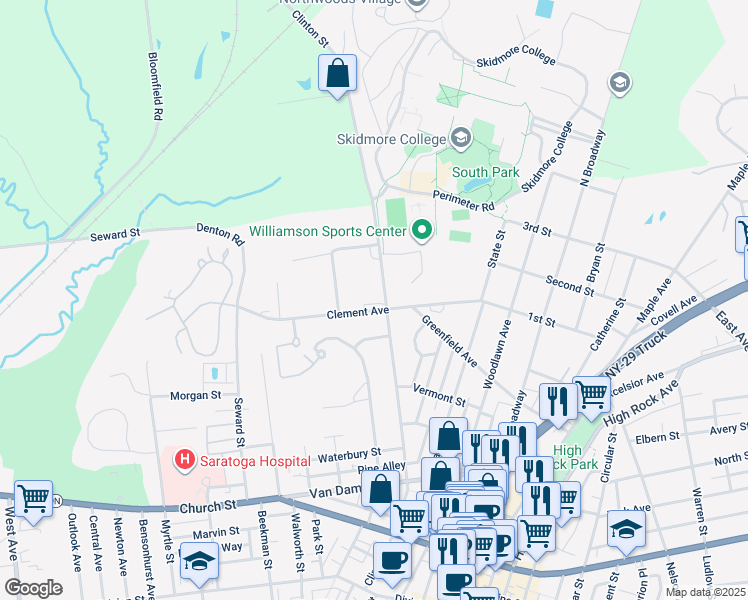 map of restaurants, bars, coffee shops, grocery stores, and more near 247 Clinton Street in Saratoga Springs