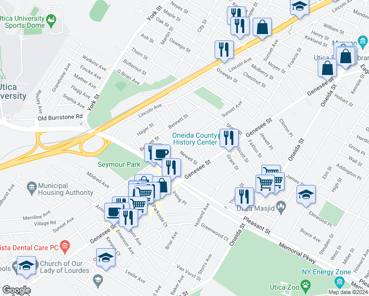 map of restaurants, bars, coffee shops, grocery stores, and more near 1629 Sunset Avenue in Utica