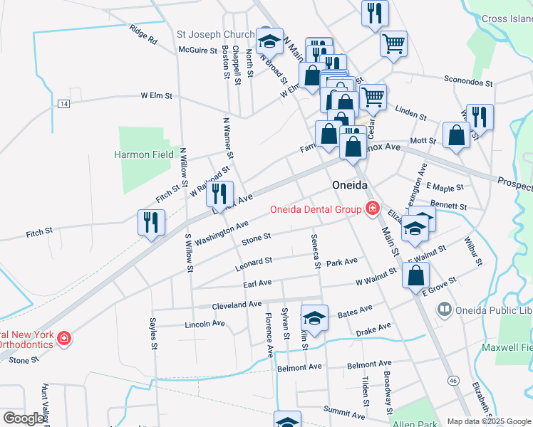 map of restaurants, bars, coffee shops, grocery stores, and more near 343 New York 365A in Oneida