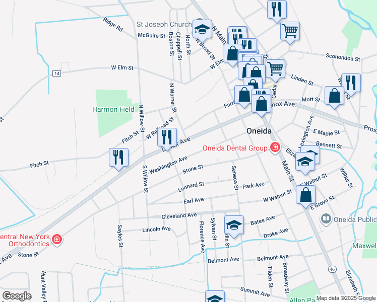 map of restaurants, bars, coffee shops, grocery stores, and more near 343 New York 365A in Oneida