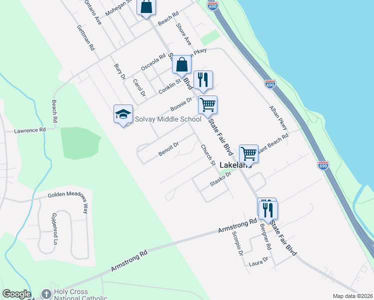 map of restaurants, bars, coffee shops, grocery stores, and more near 125 Benoit Drive in Syracuse