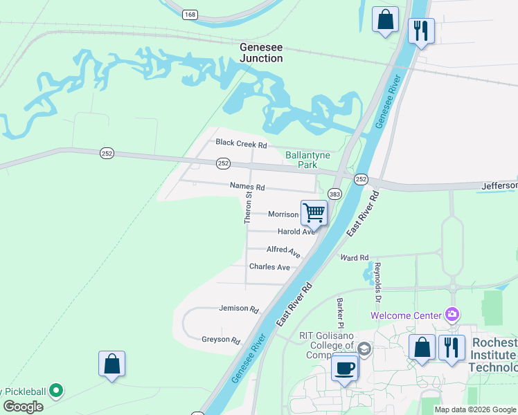 map of restaurants, bars, coffee shops, grocery stores, and more near 53 Names Road in Rochester