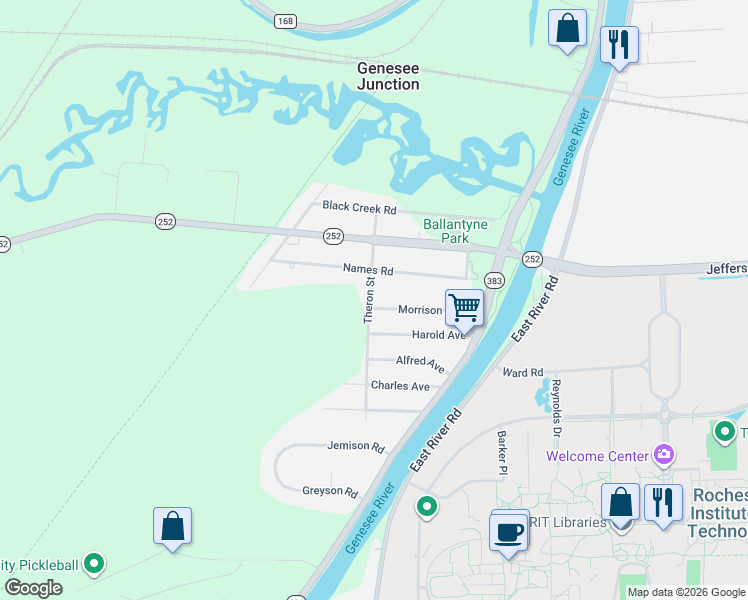 map of restaurants, bars, coffee shops, grocery stores, and more near 53 Names Road in Rochester
